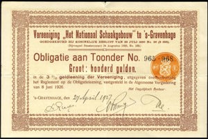 Vereeniging "Het Nationale Schaakgebouw" te 's-Gravenhage, Obligatie aan toonder, 100 Gulden, 27 April 1927