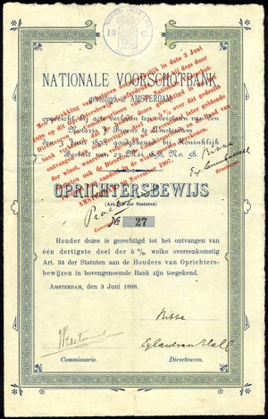 Nationale Voorschotbank, Oprichtersbewijs, 3 June 1898