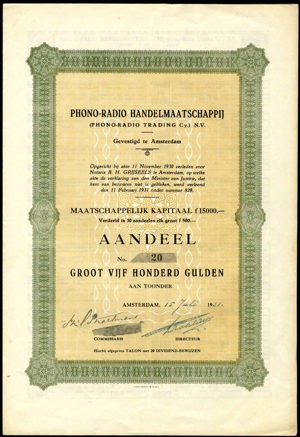 Phono-Radio Handelmaatschappij N.V., Aandeel, 500 Gulden, 15 July 1931
