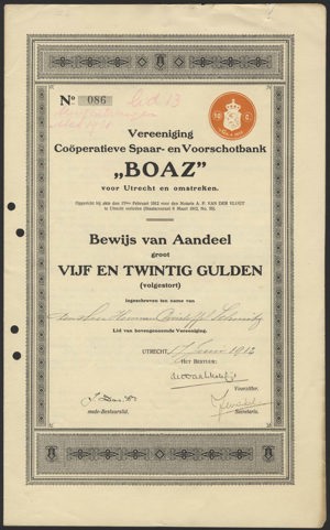 Vereeniging Coöperatieve Spaar- en Voorschotbank Boaz, Bewijs van aandeel 25 Gulden, 17 Juni 1912