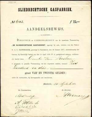 Sliedrechtsche Gasfabriek, Aandeelbewijs, 25 Gulden, 15 September 1871