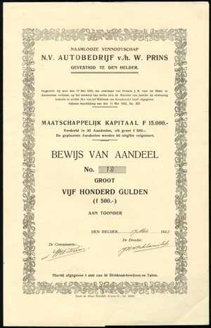 Nederland, Autobedrij v./h. W. Prins N.V., Bewijs van aandeel, 500 Gulden, 17 May 1933