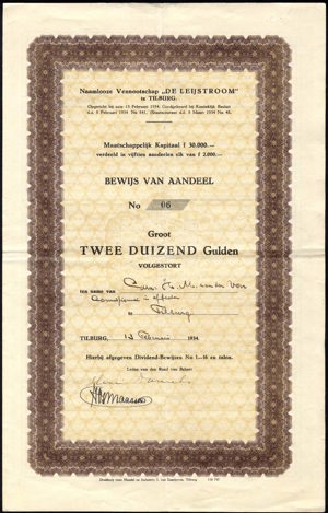 De Leijstroom N.V., Bewijs van aandeel, 2000 Gulden, 13 February 1934