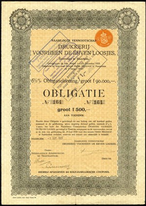 Nederland, Drukkerij voorheen de Erven Loosjes N.V., Obligatie, 500 Gulden, 1 September 1926