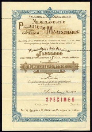 Nederlandsche Petroleum Maatschappij N.V., Oprichtersbewijs, 1 May 1896, SPECIMEN