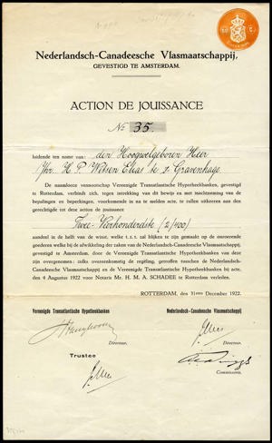 Nederlandsch-Canadeesche Vlasmaatschappij, Action de Jouissance, 2/400 Aandeel, 31 December 1922