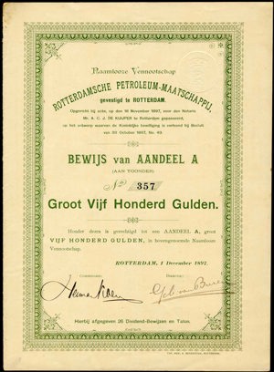 Rotterdamsche Petroleum-Maatschappij N.V., Bewijs van aandeel A, 500 Gulden, 1 December 1897