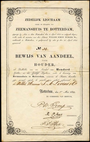 Zeemanshuis te Rotterdam, Bewijs van aandeel, 100 Gulden, 1 May 1855