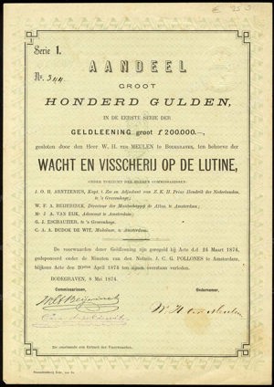 Wacht en Visscherij op de Lutine, Aandeel, 100 Gulden, 8 May 1874