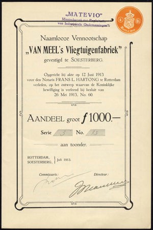Van Meel's Vliegtuigenfabriek N.V., Aandeel, 1000 Gulden, July 1913