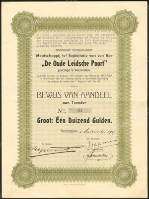 Maatschappij tot Exploitatie van een Bar "De Oude Leidsche Poort" N.V., Bewijs van aandeel, 1000 Gulden, 1 September 1917