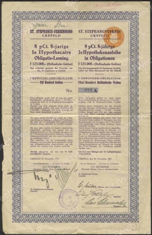 Duitsland, St. Stephanusverein, 8% 8-Jährige 1e Hypothek-Obligation, 500 Gulden, 30 November 1925