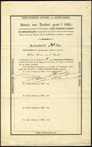 West-Friesche Crediet- & Depositobank CV, Aandeel, 1000 Gulden, 2 Januari 1875