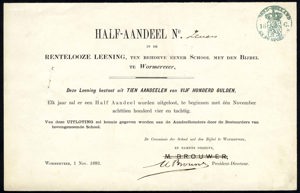 Nederland, School met den Bijbel te Wormerveer, Half-aandeel (obligatie), 250 Gulden, 1 November 1883