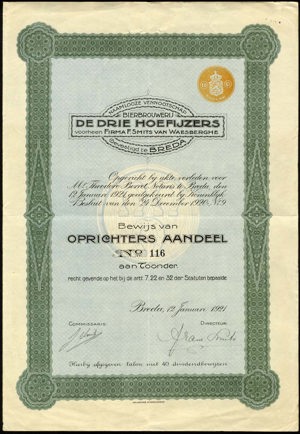 Bierbrouwerij De Drie Hoefijzers voorheen Firma F. Smits van Waesberghe NV, Oprichtersaandeel, 12 Januari 1921