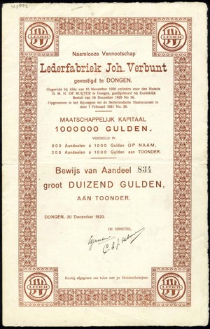 Lederfabriek Joh. Verbunt N.V., Bewijs van aandeel, 1000 Gulden, 20 December 1920
