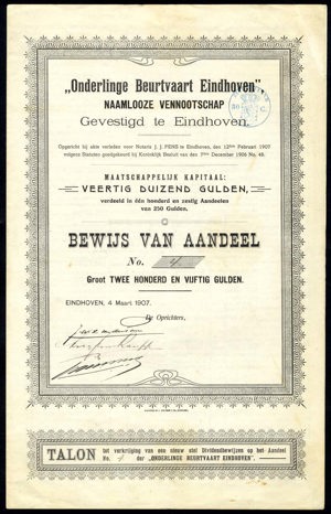 Onderlinge Beurtvaart Eindhoven N.V., Bewijs van aandeel, 250 Gulden, 4 March 1907