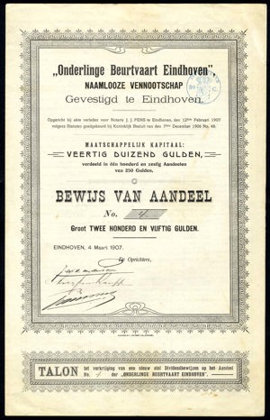 Onderlinge Beurtvaart Eindhoven N.V., Bewijs van aandeel, 250 Gulden, 4 March 1907