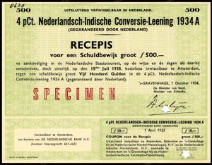 Nederlandsch-Indie, 4% Conversielening 1934A, Recepis voor een schuldbewijs, 500 Gulden, 1 October 1934, SPECIMEN