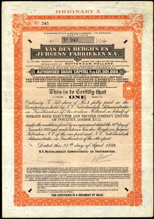 Van den Bergh's en Jurgens' Fabrieken N.V., Certificate for 0ne ordinary "A" subshare, 25 April 1939