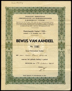 Verkoopkantoor van Meubelbenoodigdheden te Bilthoven N.V., Bewijs van aandeel, 100 Gulden, 1 October 1938
