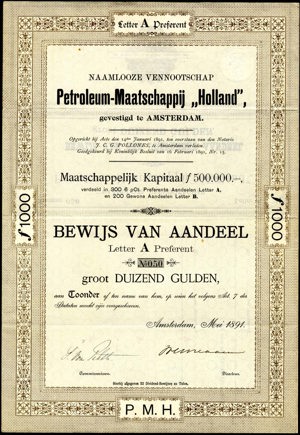 Petroleum-Maatschappij "Holland" N.V., Bewijs van aandeel, Letter A Preferent, 1000 Gulden, May 1891