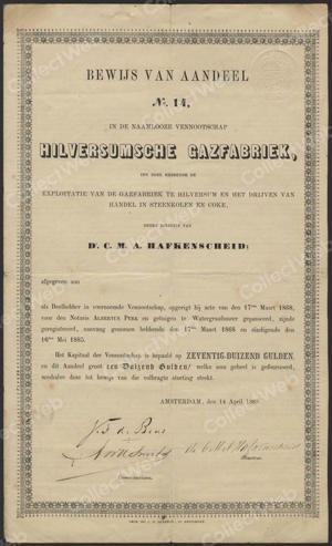Hilversumsche Gazfabriek N.V., Bewijs van Aandeel, 1000 Gulden, 14 April 1868