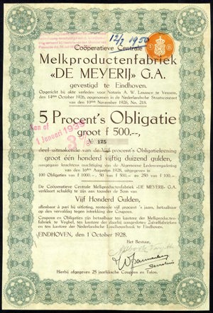 Coöperatieve Centrale Melkproductenfabriek "De Meiereij" G.A., Obligatie, 500 Gulden, 1 October 1928