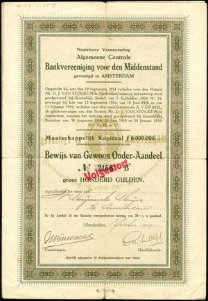 Algemeene Centrale Bankvereeniging voor den Middenstand N.V., Bewijs van gewoon onder-aandeel, 100 Gulden, 1 October 1919