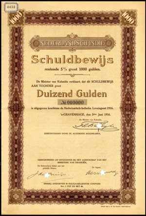 Nederlandsch-Indie, 5% lening 1916, Schuldbewijs, 1000 Gulden, 1916, PROOF
