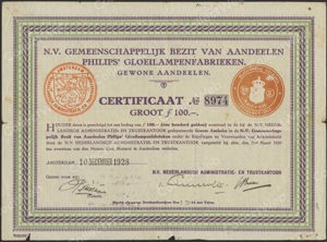 Gemeenschappelijk Bezit van Aandeelen Philips Gloeilampenfabrieken N.V., Cetificaat van gewoon Aandeel, 100 Gulden, 10 december 1928
