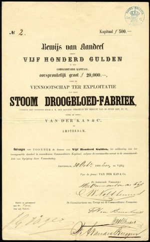 Vennootschap ter Exploitatie van ene Stoom Droogbloed-Fabriek onder de Firma van der Kas & Co., Commanditair aandeel, 500 Gulden, 30 October 1857