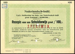 Nederlandsch-Indie, 5% lening 1916, Recepis voor een schuldbewijs, 100 Gulden, 23 Juni 1916, SPECIMEN