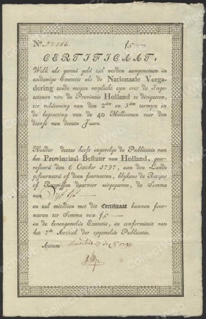 Provintiaal Bestuur van Holland, Certificaat, 5 Gulden, 27 December 1797