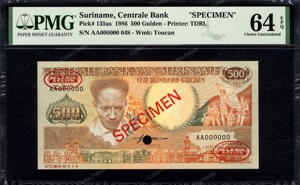 Suriname, PLS20.6s.a1.b, P135as, B521as2, 500 Gulden, 1 JULI 1986, SPECIMEN