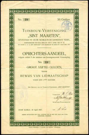 Tuinbouw-Vereeniging "Sint Maarten", Oprichters-aandeel, 50 Gulden, 30 April 1907