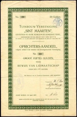 Nederland, Tuinbouw-Vereeniging "Sint Maarten", Oprichters-aandeel, 50 Gulden, 30 April 1907