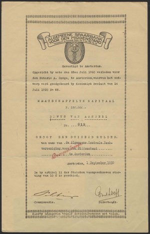 Algemeene Spaarbank Voor Den Middenstand, Bewijs van aandeel, 1000 Gulden, 1 September 1920