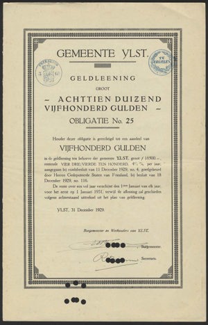 Gemeente IJlst, Obligatie, 500 Gulden, 31 December 1929