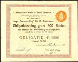 International Order of Good Templars, Loge "Samenwerking" No. 10, Amsterdam, Obligatie, 2,50 Gulden, 1 November 1912
