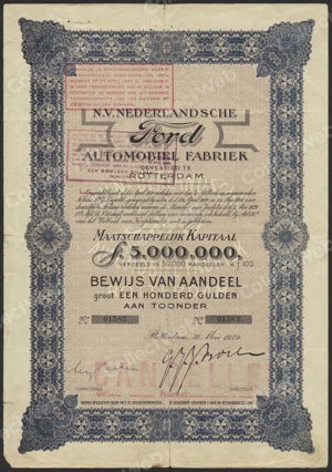 Nederlandsche Ford Automobiel Fabriek N.V., Bewijs van Aandeel, 100 Gulden, 31 Mei 1929