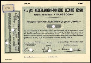 Nederlandsch-Indie, 4,5% lening 1926B, Recepis voor een schuldbewijs, 1000 Gulden, 15 October 1926, PROOF