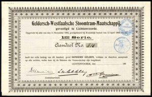 Geldersch-Westfaalsche Stoomtram-Maatschappij, Aandeel, 1e Serie, 100 Gulden, 1905