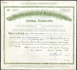 Great Britain, Van den Berghs and Jurgens Limited, Certificate of 6% "B" cumulative preference stock, 440 Pounds, 20 November 1953