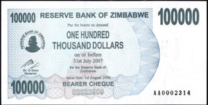 Zimbabwe, P48a, B139a, 100,000 Dollars, 1st August 2006, denomination w/o space