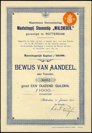Maatschappij Stoomschip "Walcheren" N.V., Bewijs van aandeel, 1000 Gulden, 31 January 1911