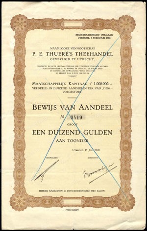 P.E. Thuere's Theehandel NV, Bewijs van aandeel, 1000 Gulden, 15 Juli 1920