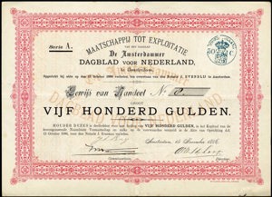 Maatschappij tot Exploitatie van het Dagblad De Amsterdammer, Dagblad voor Nederland, Bewijs van aandeel, serie A, 500 Gulden, 15 November 1886