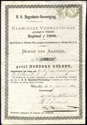 R. K. Begrafenis-Vereeniging N.V., Bewijs van aandeel, 100 Gulden, 2 January 1885