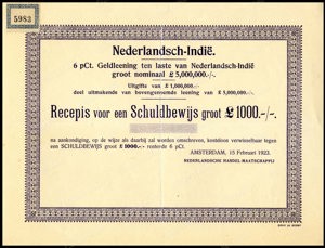 Nederlandsch-Indie, 6% Externe lening 1923, Recepis voor een schuldbewijs, 1000 Pond, 15 Februari 1923, PROOF